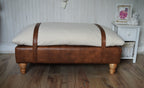 Mayfair Footstool  in Ivory Boucle Fabric And Premium Tan Faux Leather With Natural Oak Legs
