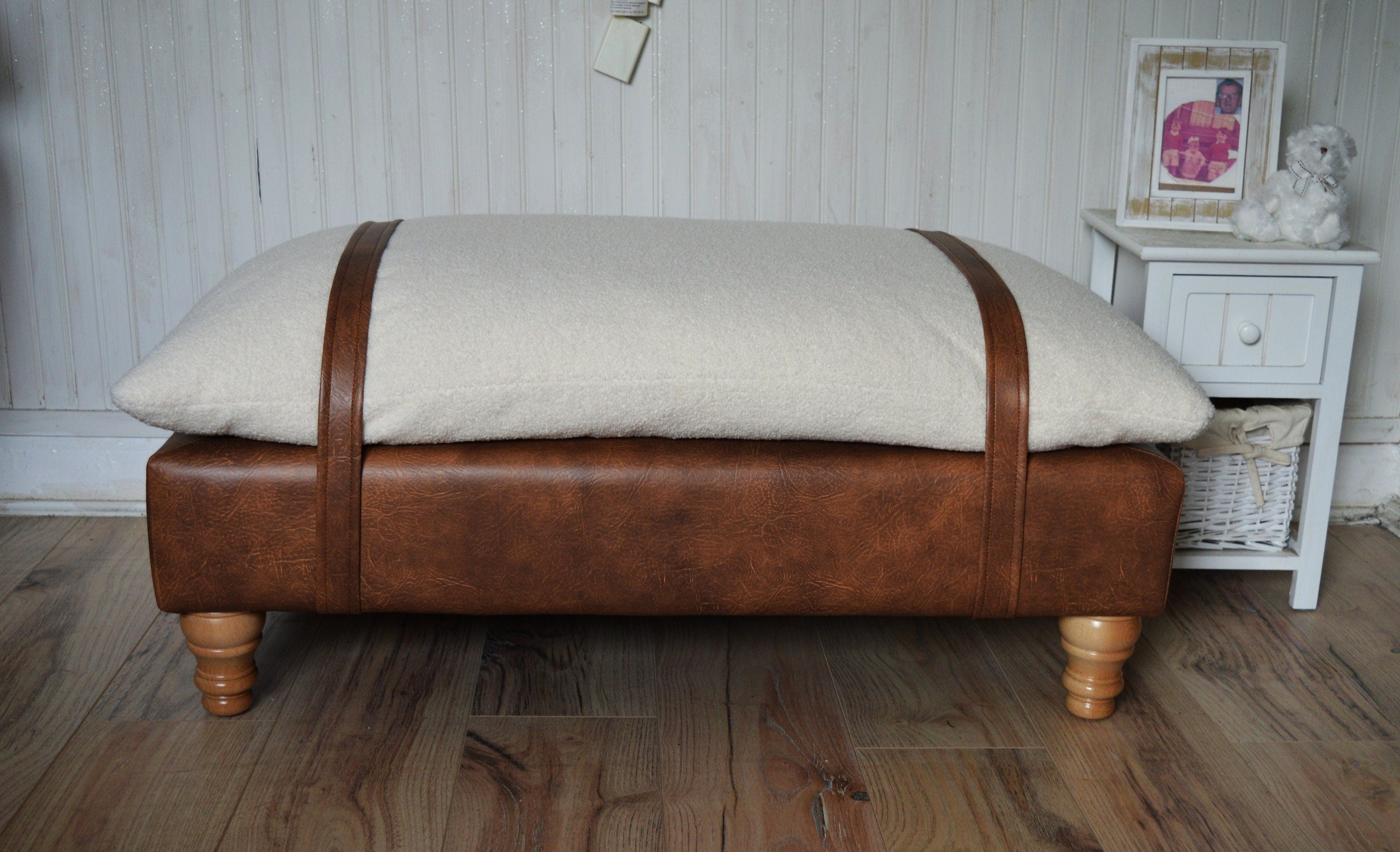 Mayfair Footstool  in Ivory Boucle Fabric And Premium Tan Faux Leather With Natural Oak Legs