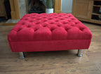 Square Chesterfield Style Deep Buttoned Footstool in Casino Crush Red Fabric With Chrome  Legs