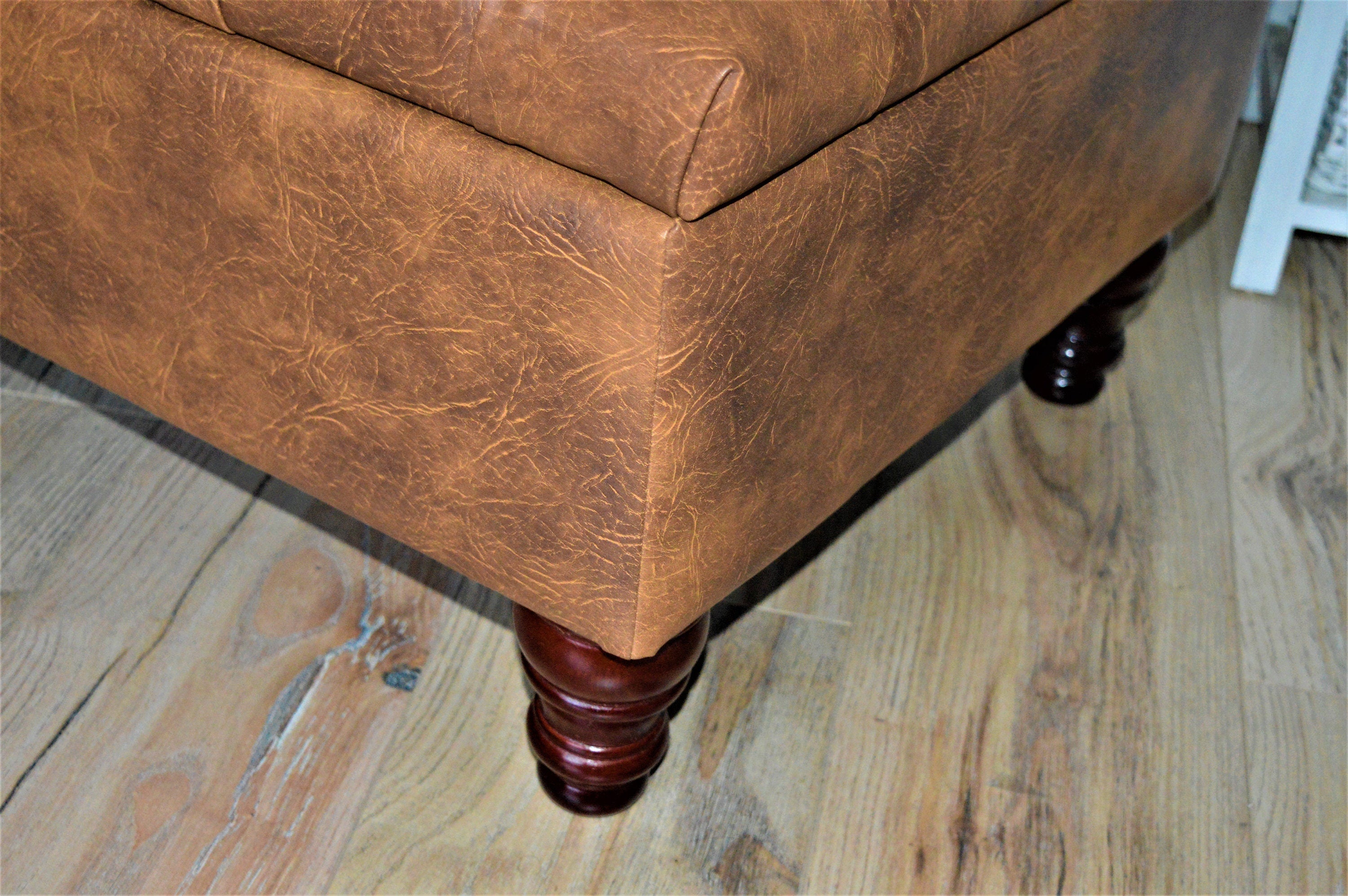 Handmade Premium Faux Leather Tan Chesterfield Footstool – Ottoman/Coffee Table/Footrest with Storage - Easy Clean