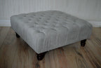 Square Chesterfield Style Deep Buttoned Footstool in Casino Silver Fabric With Turned Hard Wood Legs