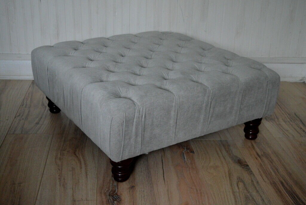 Square Chesterfield Style Deep Buttoned Footstool in Casino Silver Fabric With Turned Hard Wood Legs