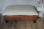 Mayfair Footstool  Seating Bench in Ivory Boucle Fabric And Premium Tan Faux Leather With Turned Mahogany Hardwood Legs.