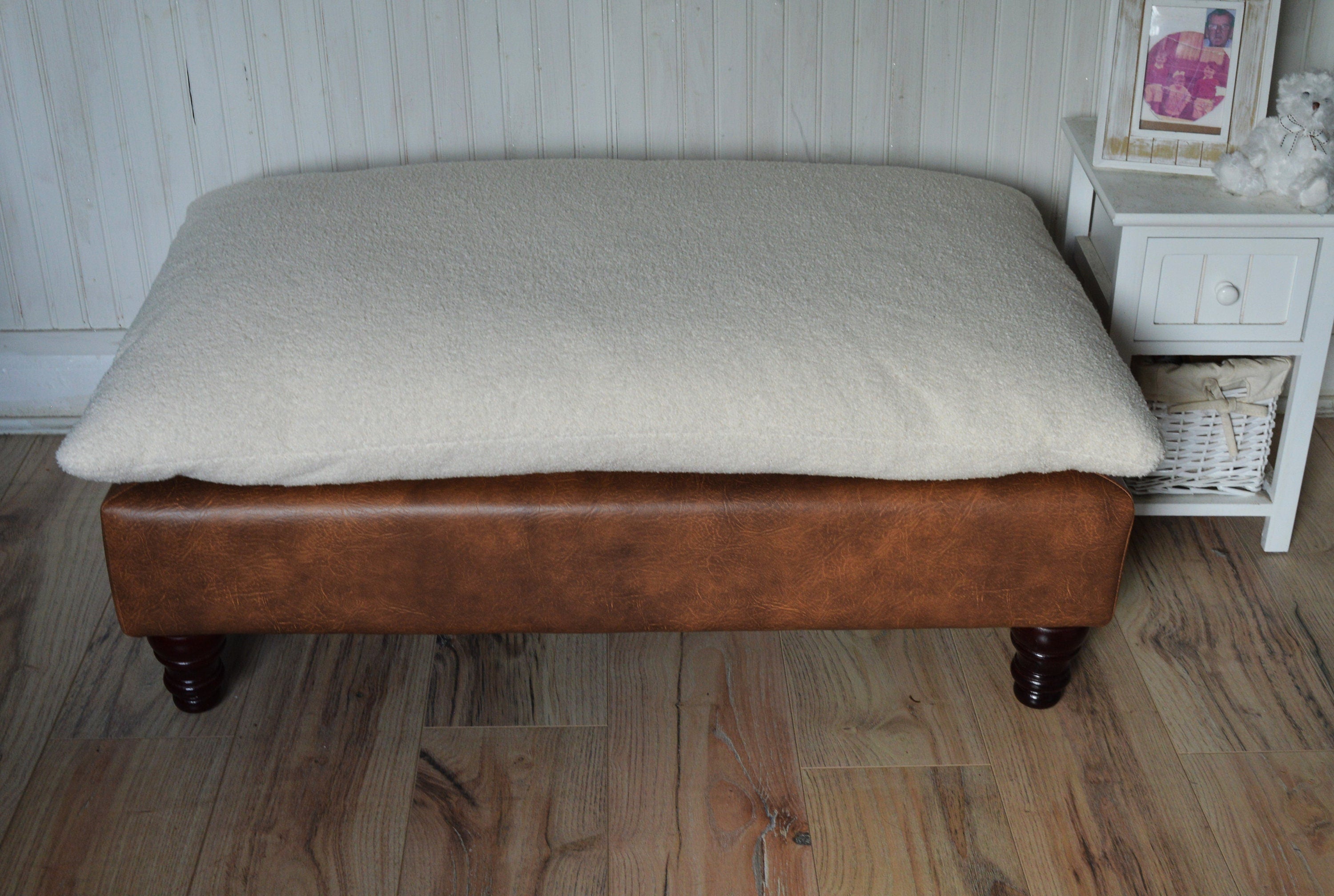 Mayfair Footstool  Seating Bench in Ivory Boucle Fabric And Premium Tan Faux Leather With Turned Mahogany Hardwood Legs.