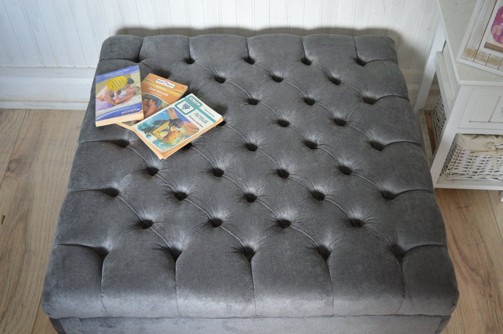 Square Chesterfield Deep Buttoned Footstool in Plush Grey Fabric With Mahogany Turned Wood Legs