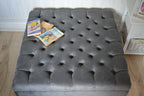 Square Chesterfield Deep Buttoned Footstool in Plush Grey Fabric With Mahogany Turned Wood Legs