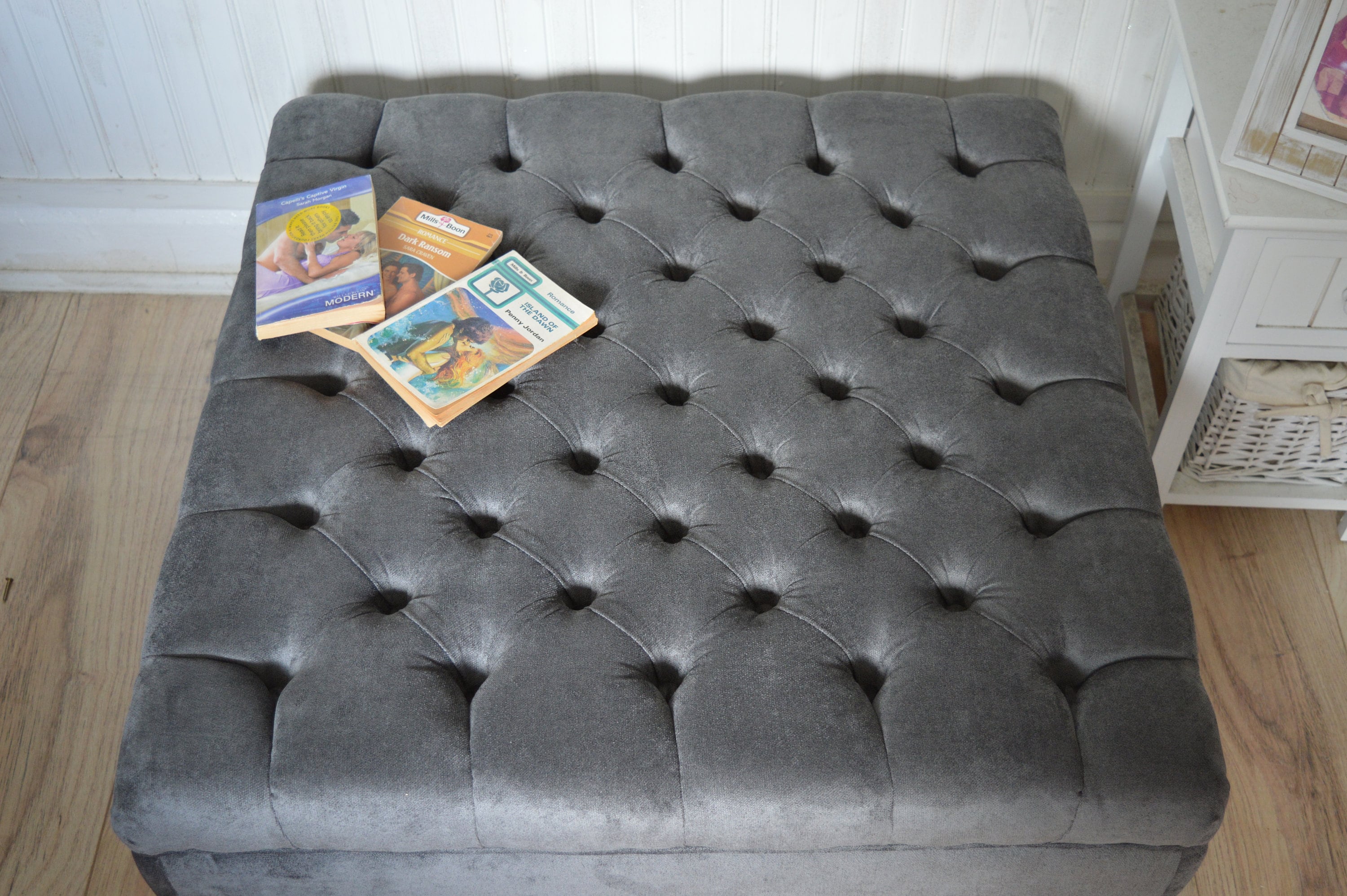 Square Chesterfield Deep Buttoned Footstool in Plush Grey Fabric With Mahogany Turned Wood Legs