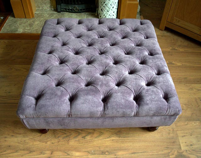 Square Chesterfield Style Deep Buttoned Footstool in Casino Plum Fabric With Turned Hard Wood Legs