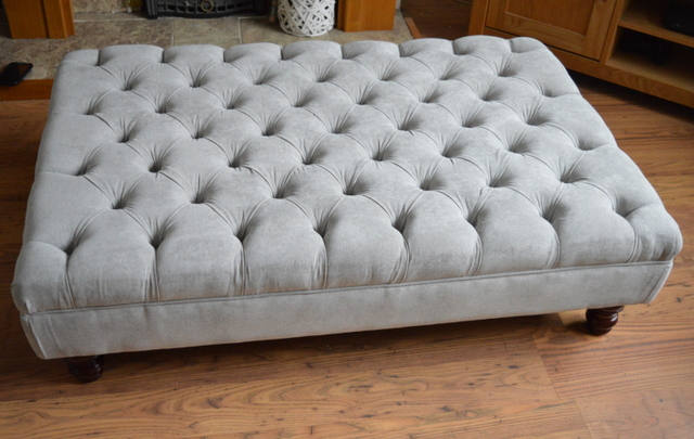 Chesterfield Extra Large Deep Buttoned Footstool in Premium Casino Silver Fabric With Turned Hardwood Legs