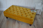 Chesterfield Deep Buttoned Footstool in a Plush Turmeric Velvet With Mahogany Turned Hard Wood Legs