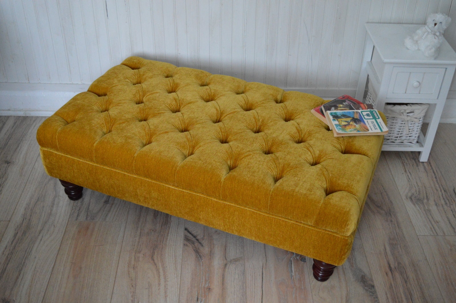 Chesterfield Deep Buttoned Footstool in a Plush Turmeric Velvet With Mahogany Turned Hard Wood Legs