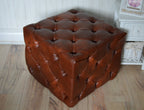 Deep Buttoned All Over Cube Footstool Upholstered In a Premium Chestnut Faux Leather