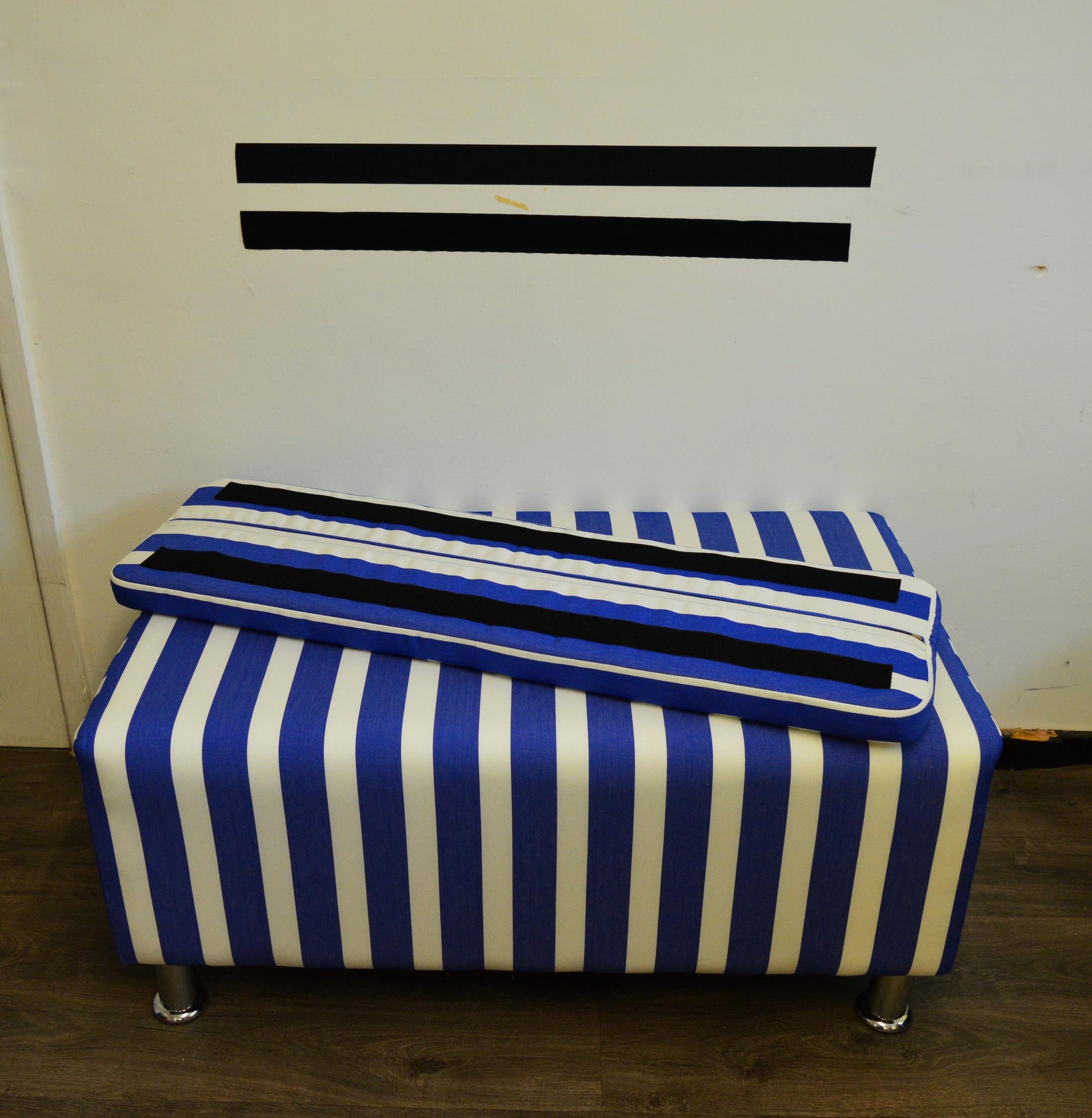 2 Str Size High Seating Bench Footstool With Fix To Wall Back Cushion in Water Resistent Coastal Blue Stripe Fabric