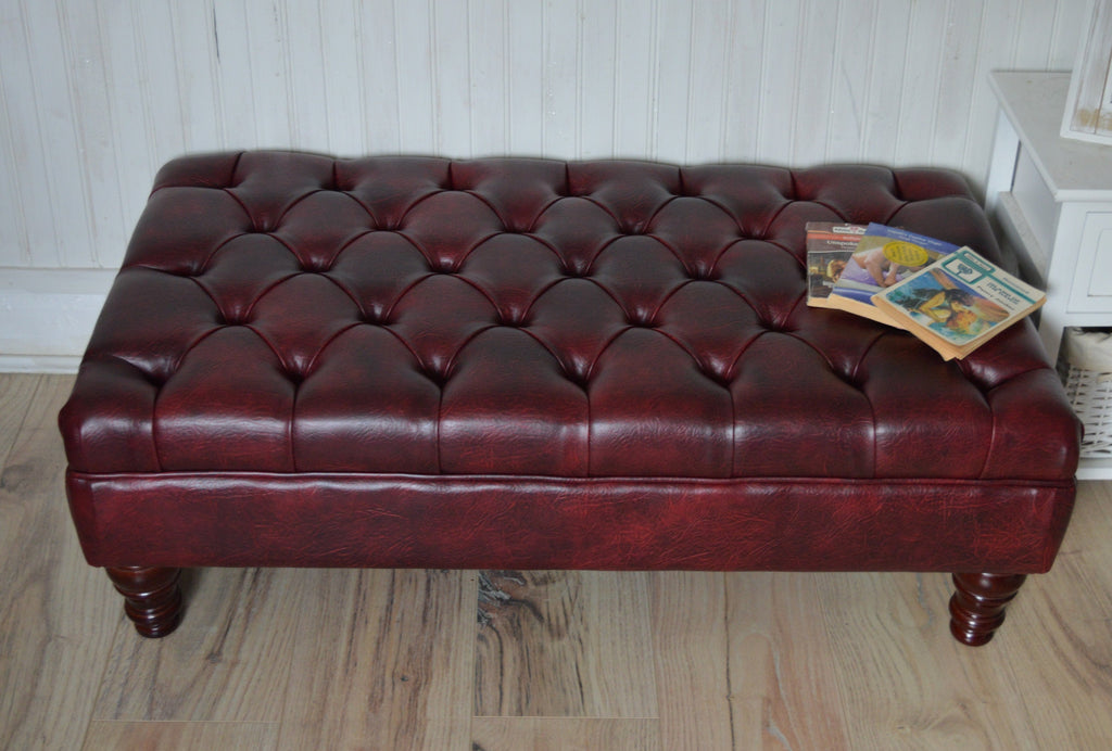 Chesterfield Style Deep Buttoned Footstool in Premium Wine Faux Leather With Turned Mahogany Hardwood Legs