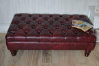 Chesterfield Style Deep Buttoned Footstool in Premium Wine Faux Leather With Turned Mahogany Hardwood Legs