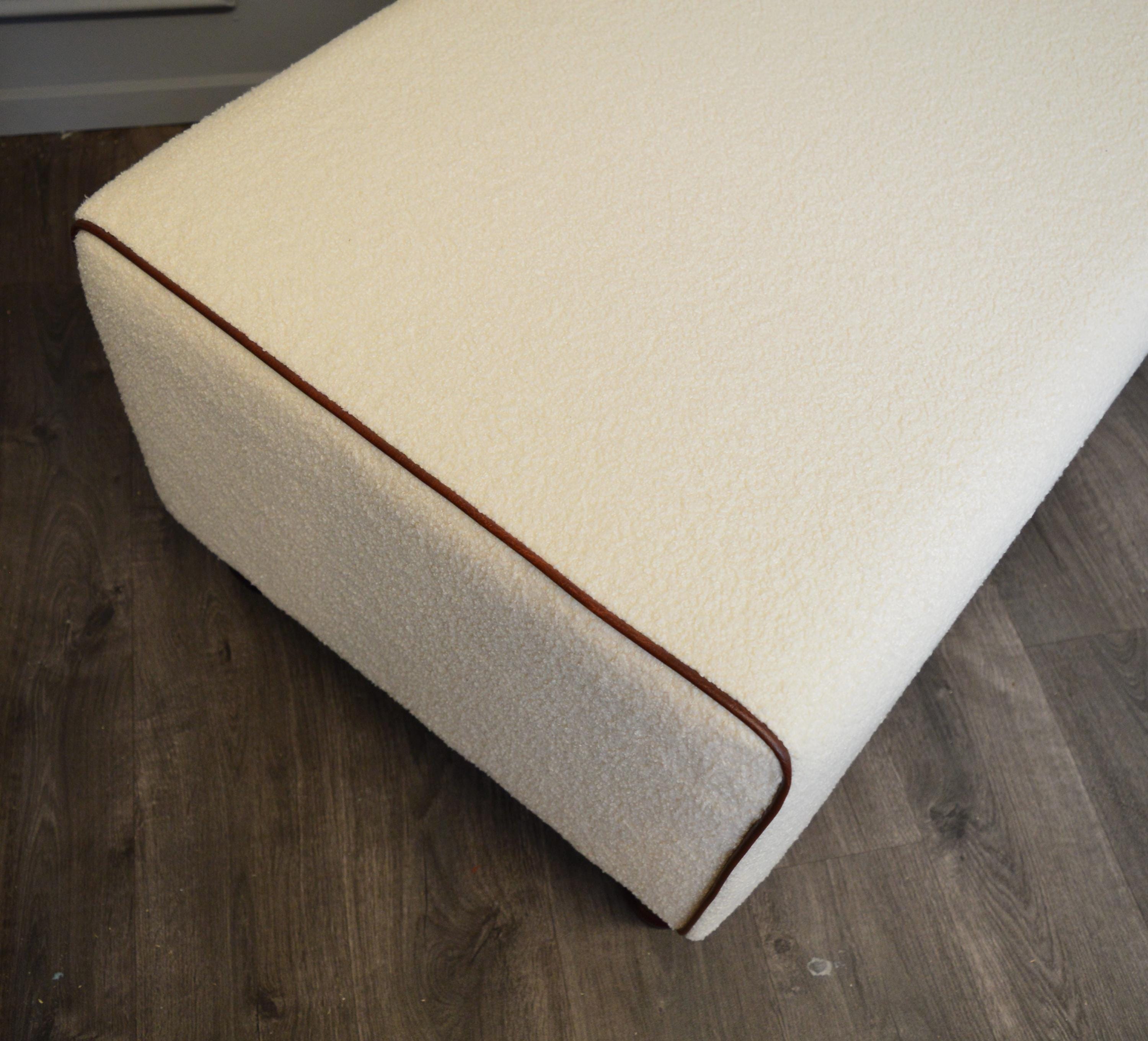 Bench Seating footstool 2str size upholstered in a Boucle Fabric With Chestnut Piping