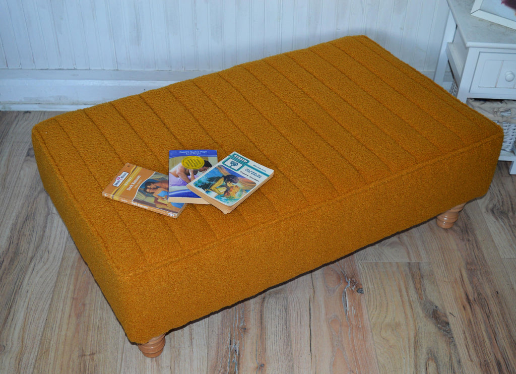 Fullted Top Footstool With Piping Trim in Turmeric Boucle Fabric With Oak HardWood Legs