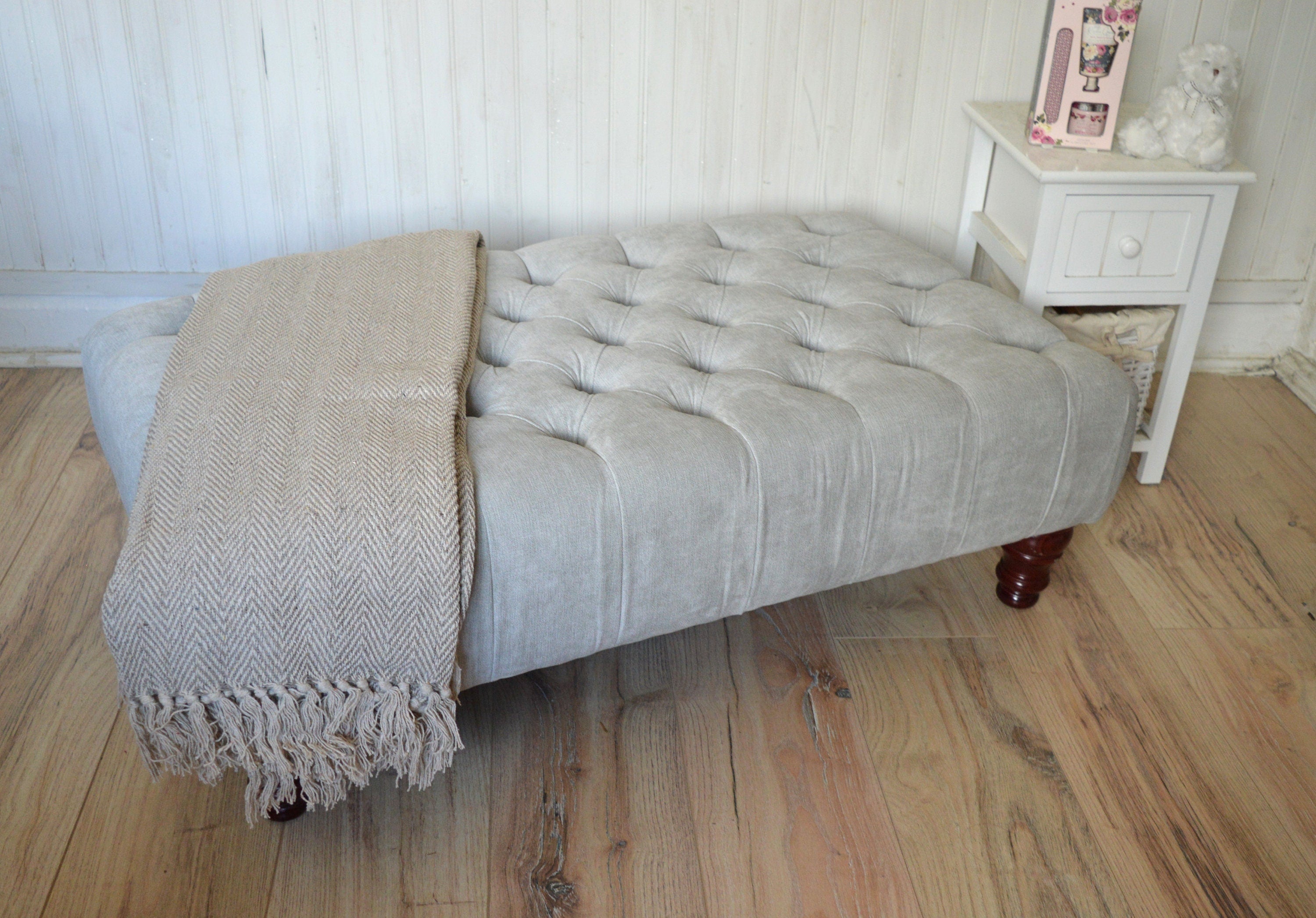 Chesterfield Style Deep Buttoned Footstool in Casino Silver Fabric  With Mahogany Hardwood Legs