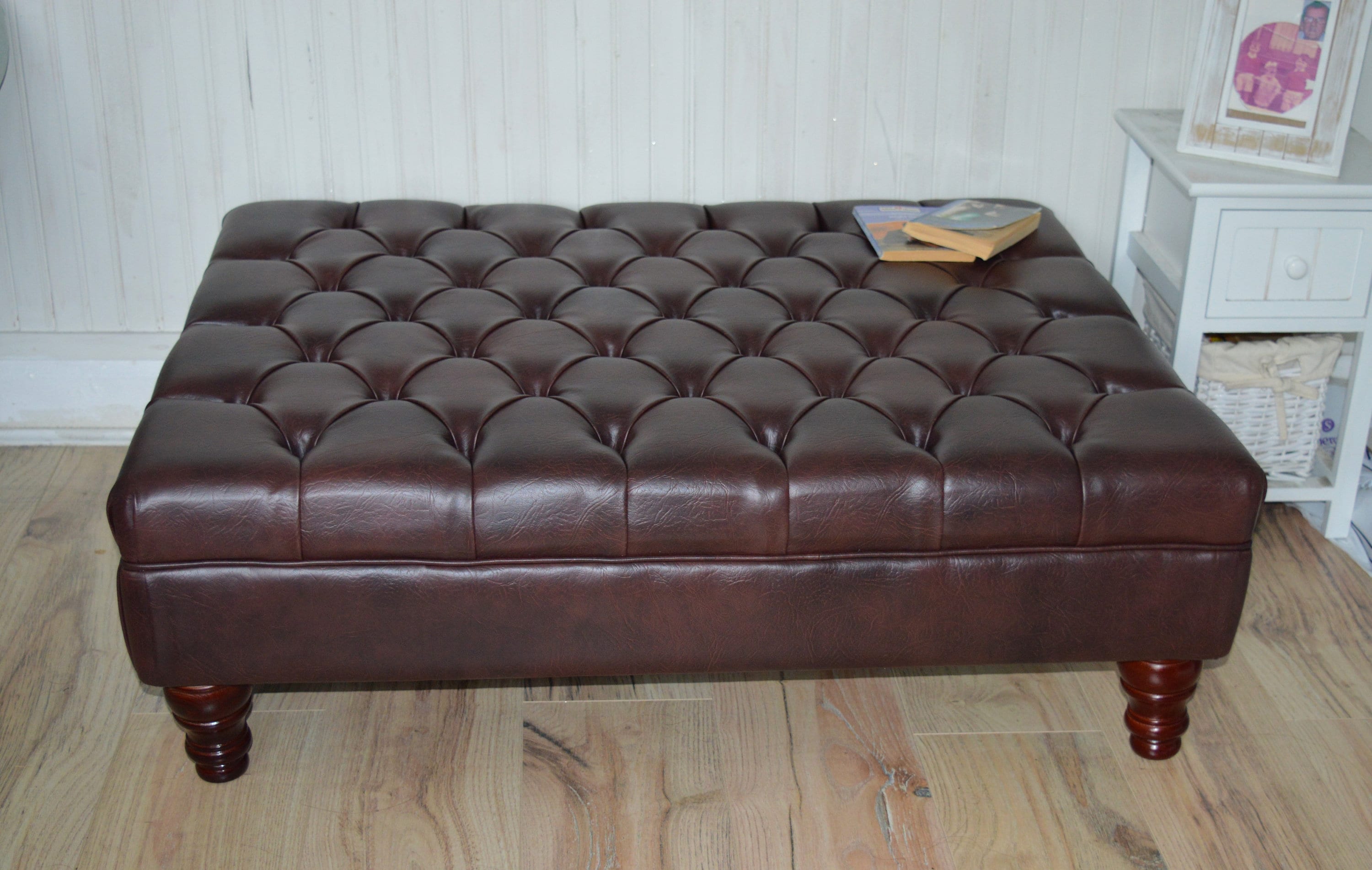 Chesterfield Extra Large Deep Buttoned Footstool in Premium Dark Brown Faux Leather With Turned Hardwood Legs
