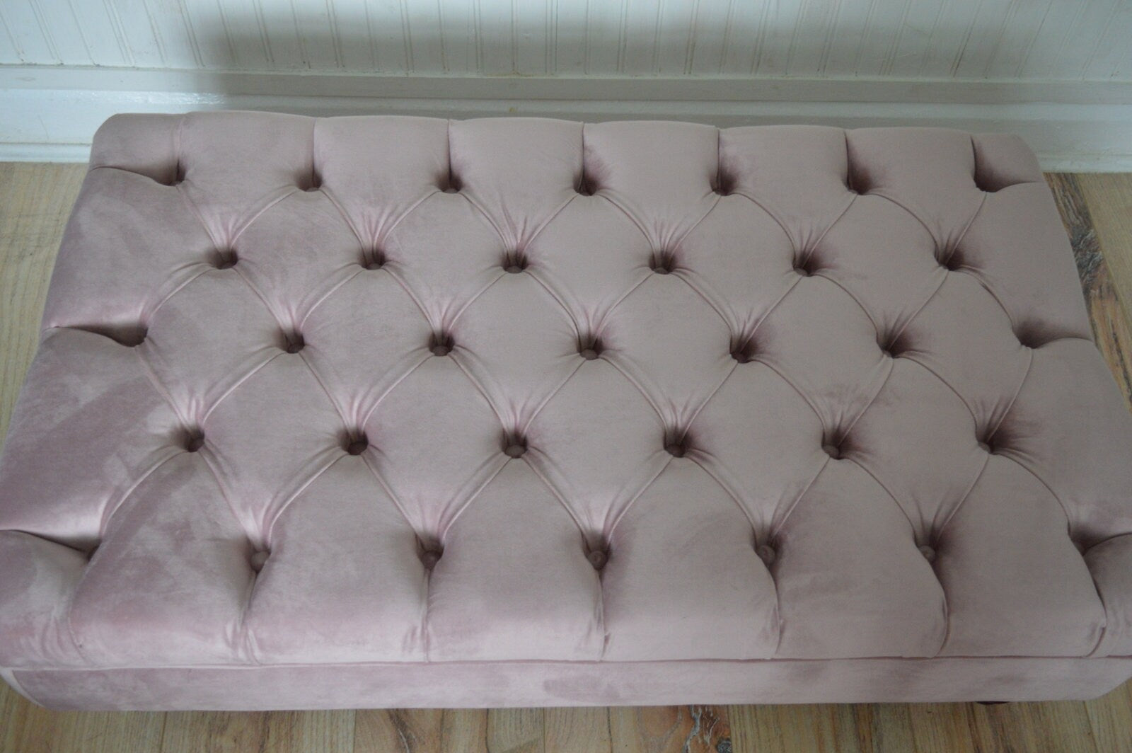 Chesterfield Deep Buttoned Footstool in Blush Pink Velvet With Mahogany Turned Hard Wood Legs
