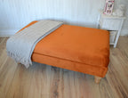 Flat Top Footstool With Piping Detail  in Burnt Orange Velvet With Oak Turned Hard Wood Legs