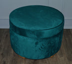 A Large Circular Storage Ottoman Footstool in Teal Velvet With Mahogany  Hard Wood Legs