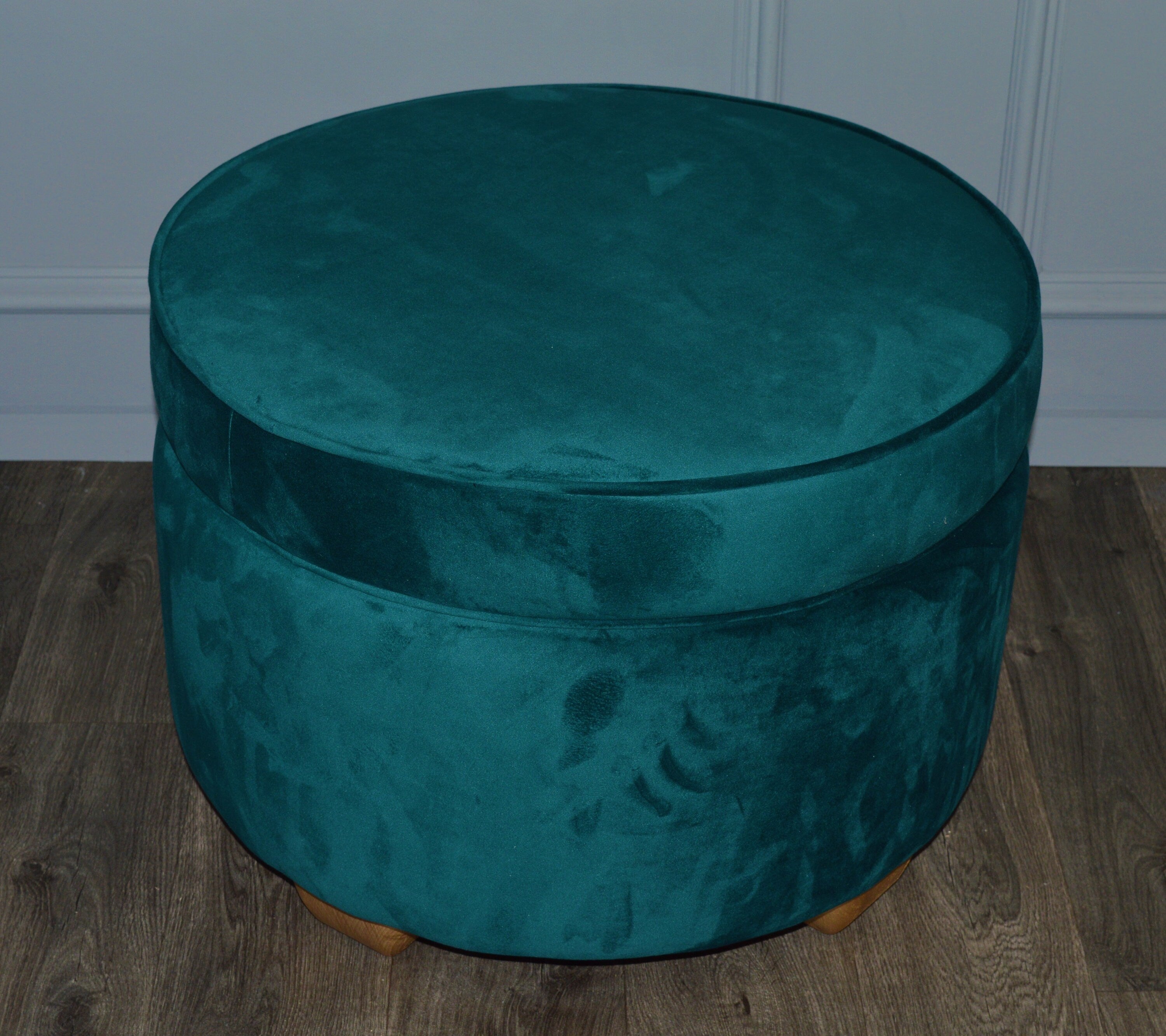 A Large Circular Storage Ottoman Footstool in Teal Velvet With Mahogany  Hard Wood Legs