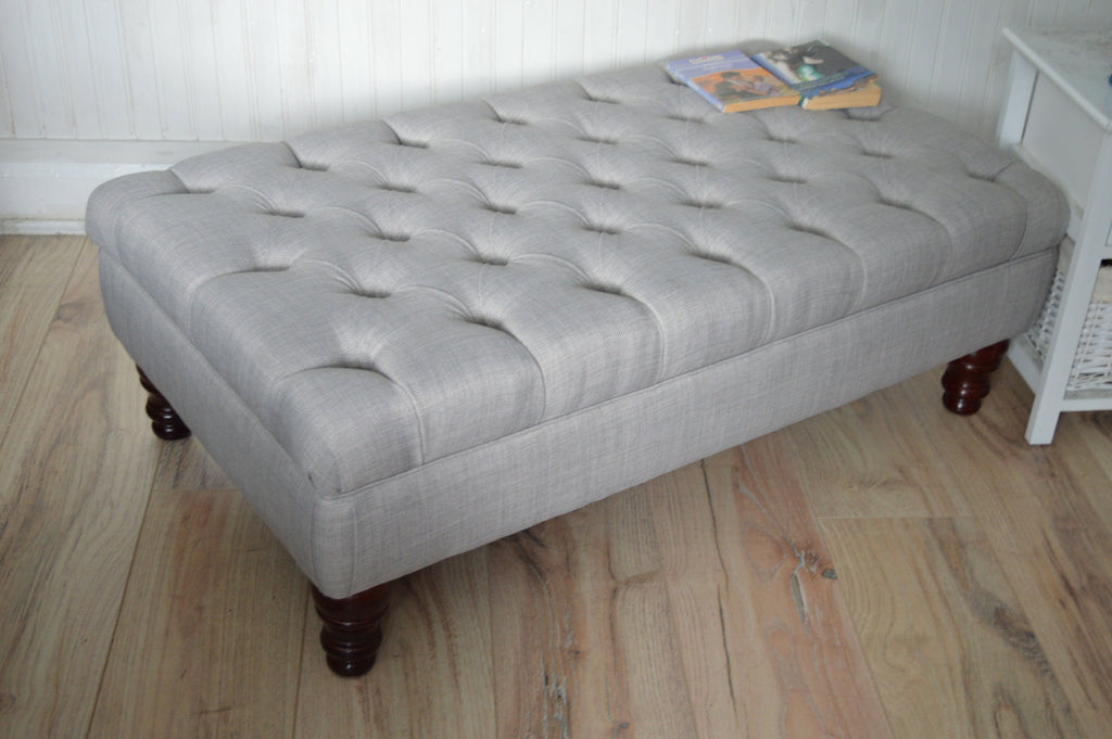 Chesterfield  Deep Buttoned Footstool in Grey Linen Fabric With Mahogany Turned Hardwood Legs