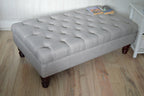 Chesterfield  Deep Buttoned Footstool in Grey Linen Fabric With Mahogany Turned Hardwood Legs