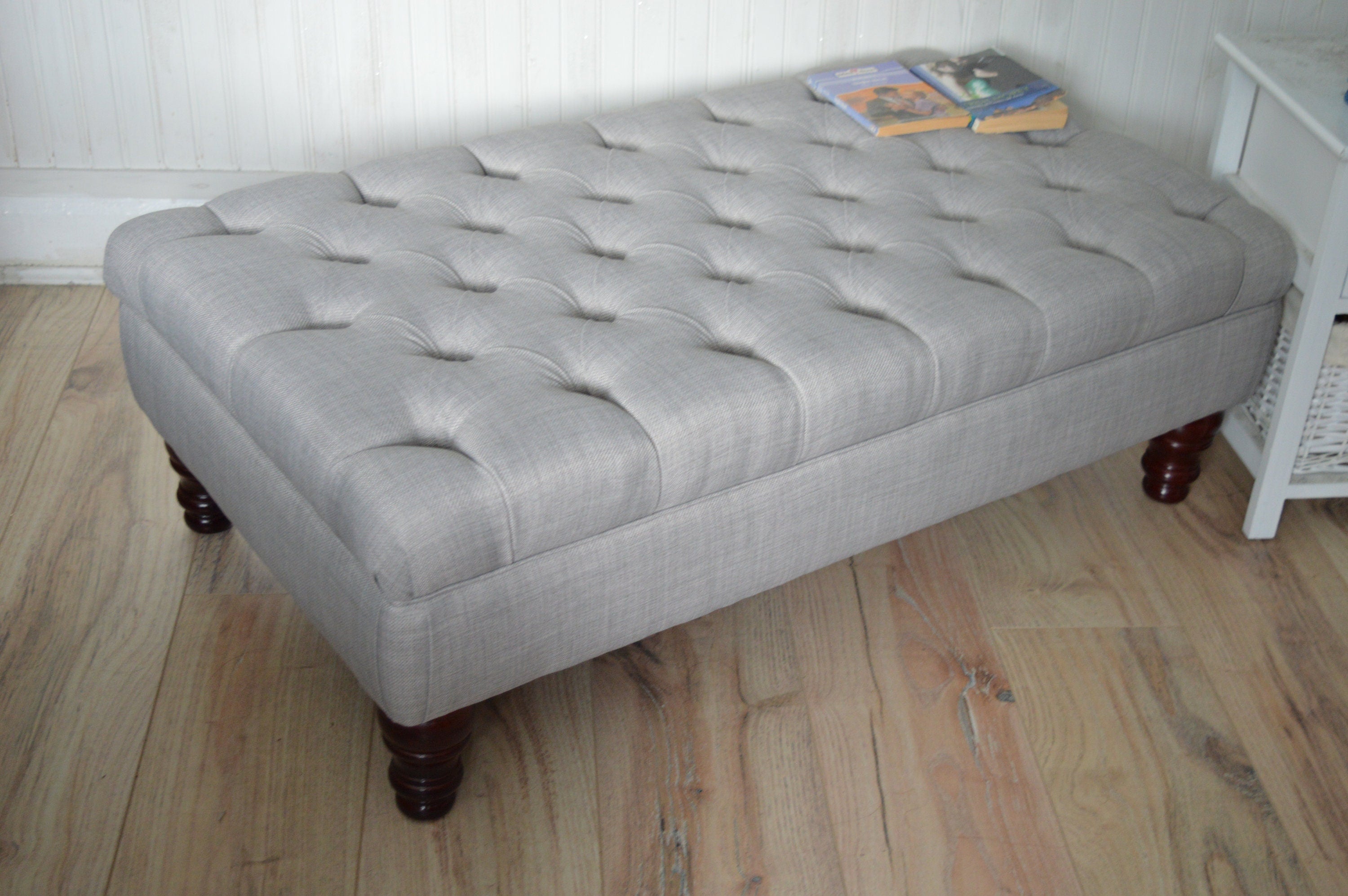 Chesterfield  Deep Buttoned Footstool in Grey Linen Fabric With Mahogany Turned Hardwood Legs