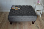 Square Chesterfield Deep Buttoned Footstool in Plush Grey Fabric With Mahogany Turned Wood Legs