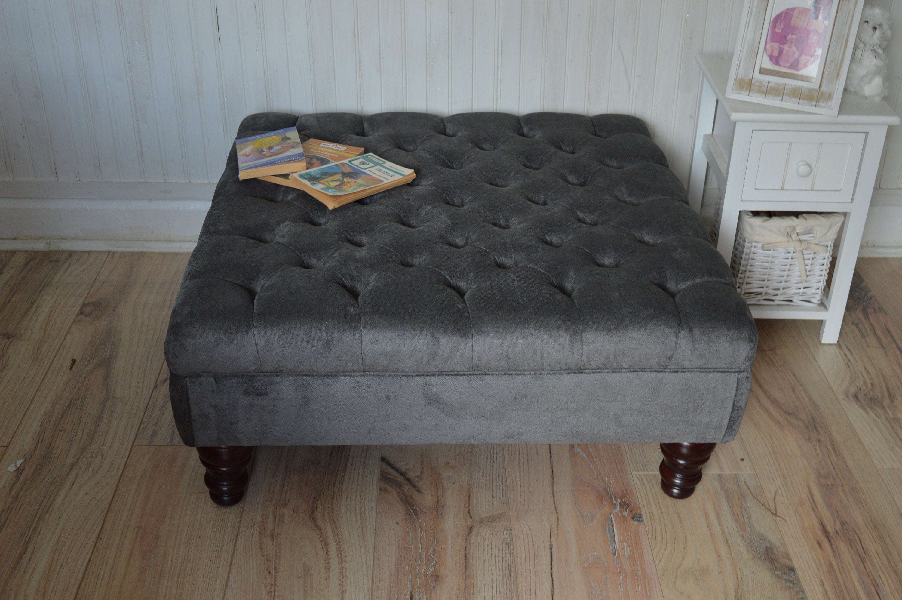 Square Chesterfield Deep Buttoned Footstool in Plush Grey Fabric With Mahogany Turned Wood Legs