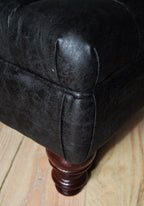 Handmade Antique Black Faux Suede  Chesterfield Footstool  Coffee Table – Footrest – Mahogany Turned Hardwood Legs
