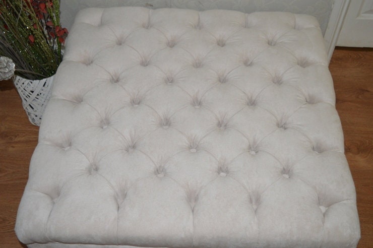 Hand Made Square Design Chesterfield  Deep Buttoned Footstool in Casino Crush Ivory  Colour  Fabric With Turned Hard Wood Legs