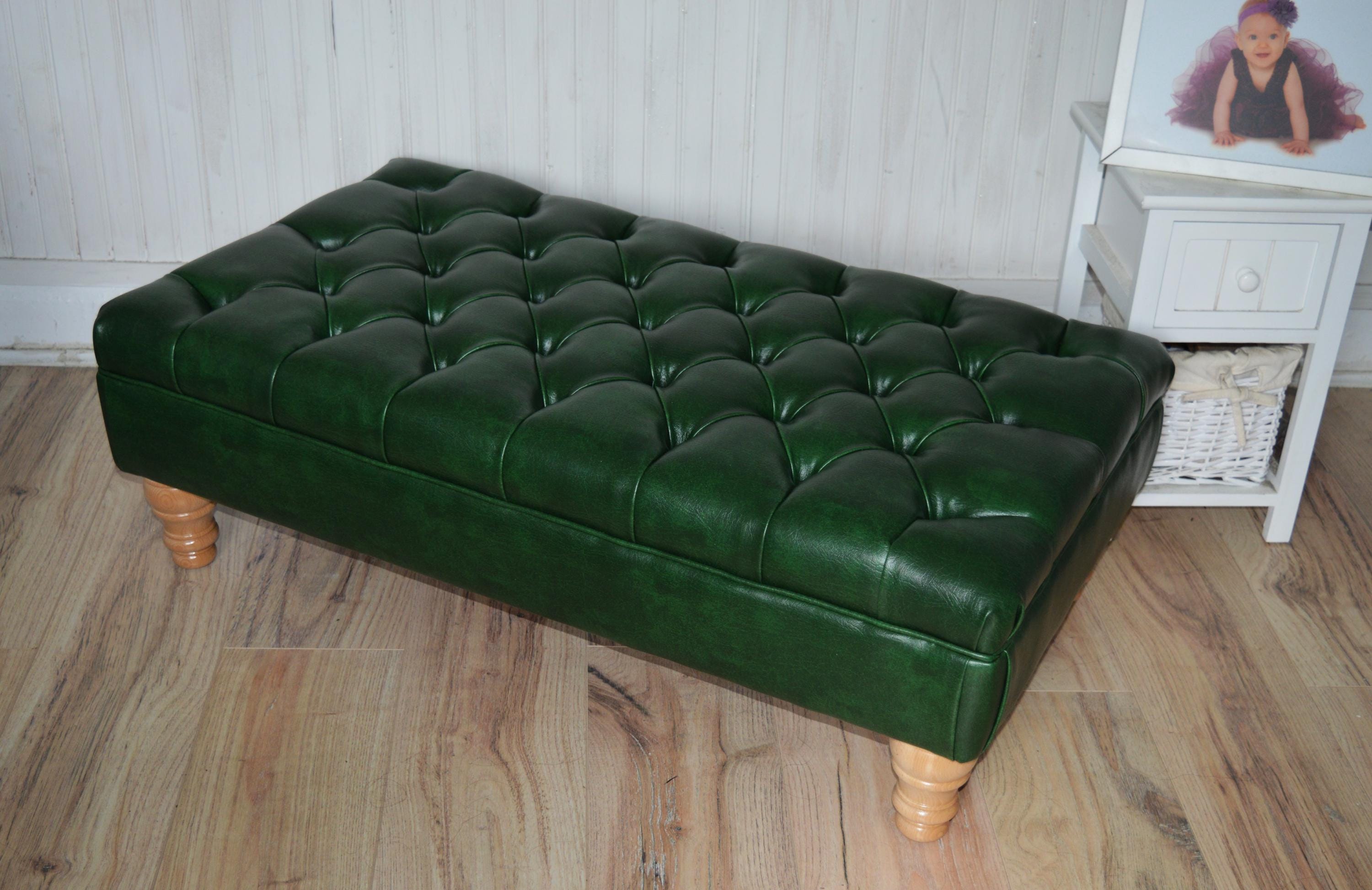 Chesterfield Style Deep Buttoned Footstool in Premium Green Faux Leather With Turned Oak Hardwood Legs