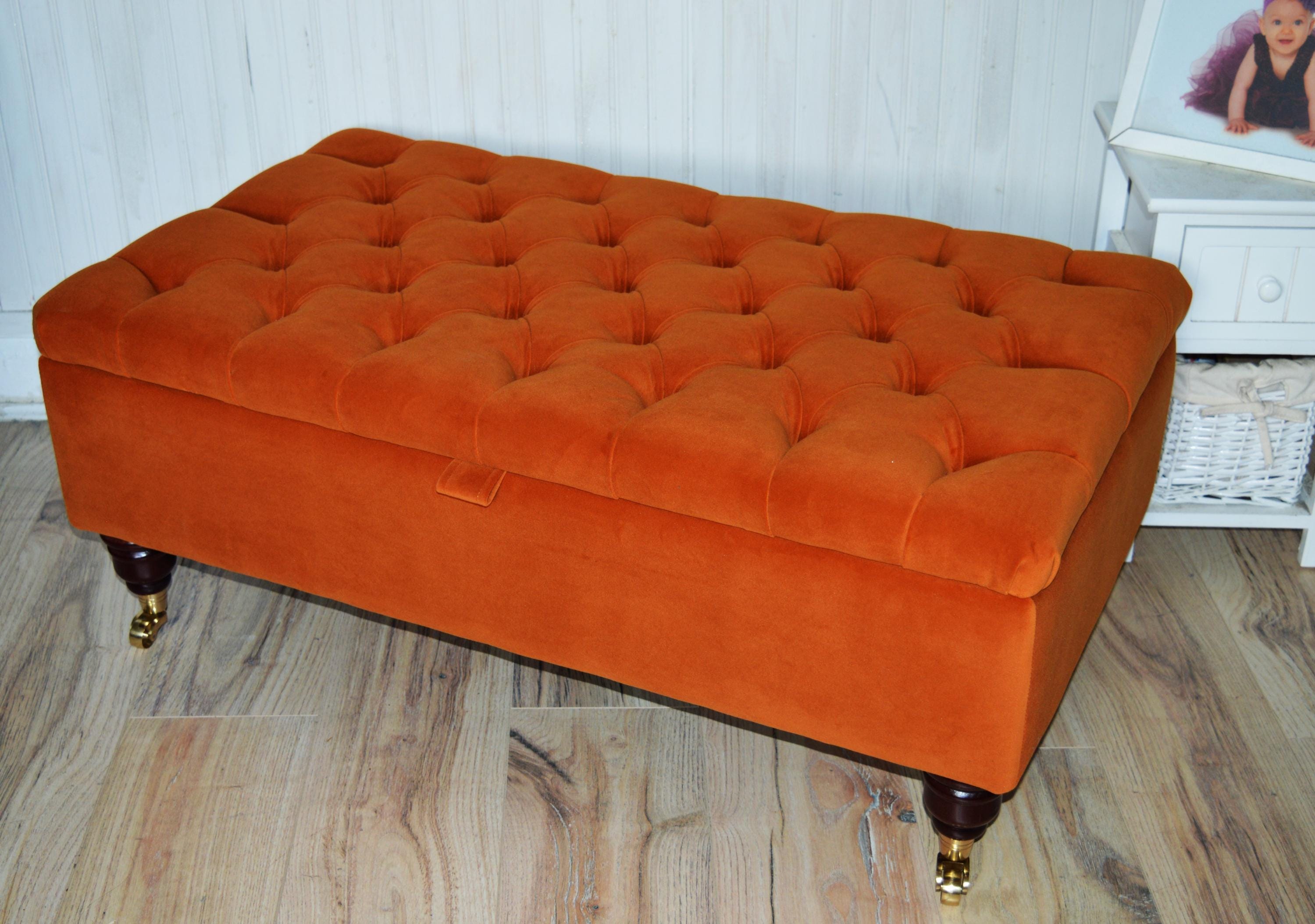 Chesterfield Deep Buttoned Footstool With Storage in Premium Eco Burnt Velvet Fabric With Brass Castor Legs.