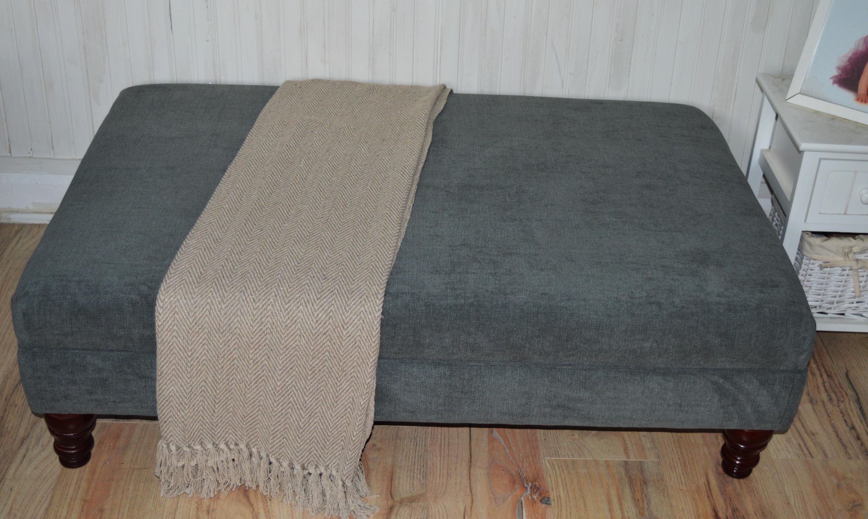 Extra Large Size Flat Top Footstool With Piping Detail  in Grey Velvet With Mahogany Turned Hard Wood Legs