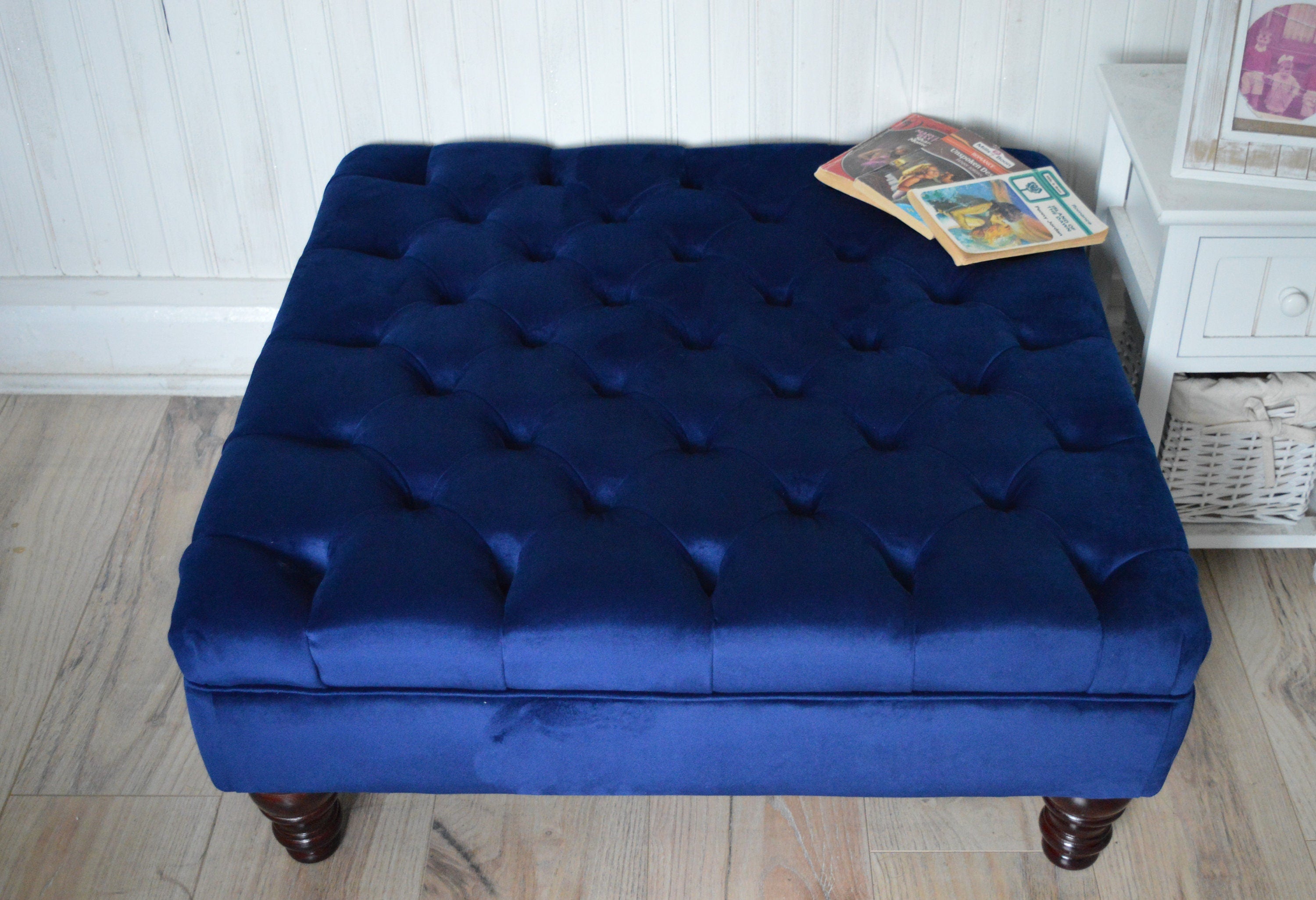 Chesterfield Deep Buttoned Footstool in Navy Blue Velvet With Mahogany Turned Hard Wood Legs