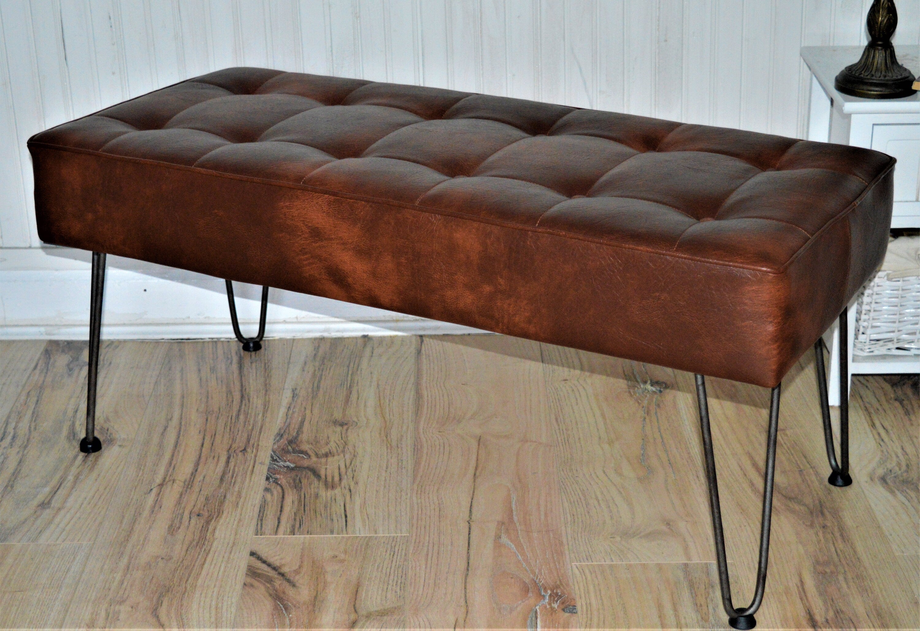 Bench Seating Style Buttoned Footstool Hall Table With Stitching Detail in Premium Faux Chestnut Leather With Hairpin Legs