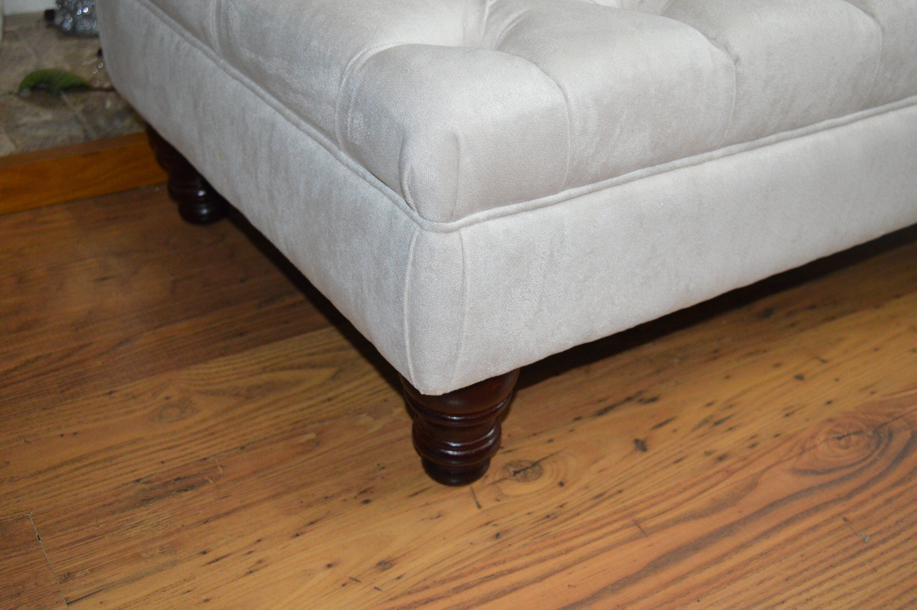 Chesterfield Deep Buttoned Footstool in Casino Crush Cream With Turned Wood Legs