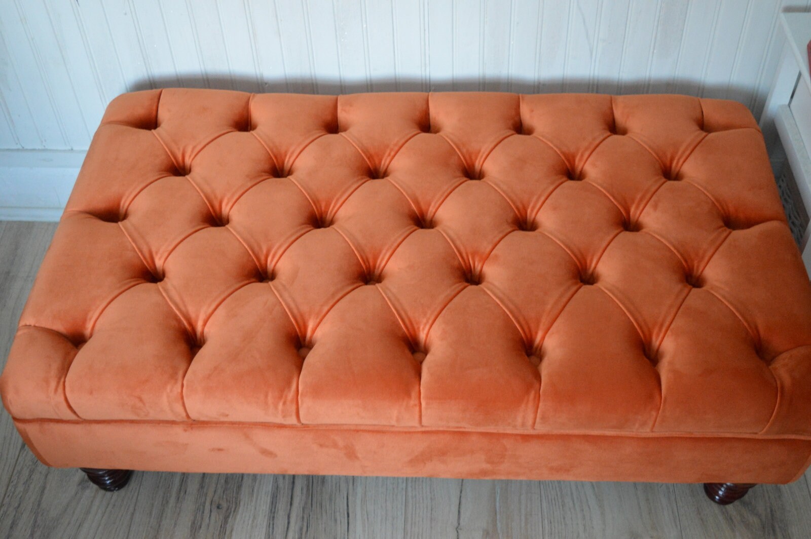 Chesterfield Deep Buttoned Footstool in Orange Velvet With Mahogany Turned Hard Wood Legs