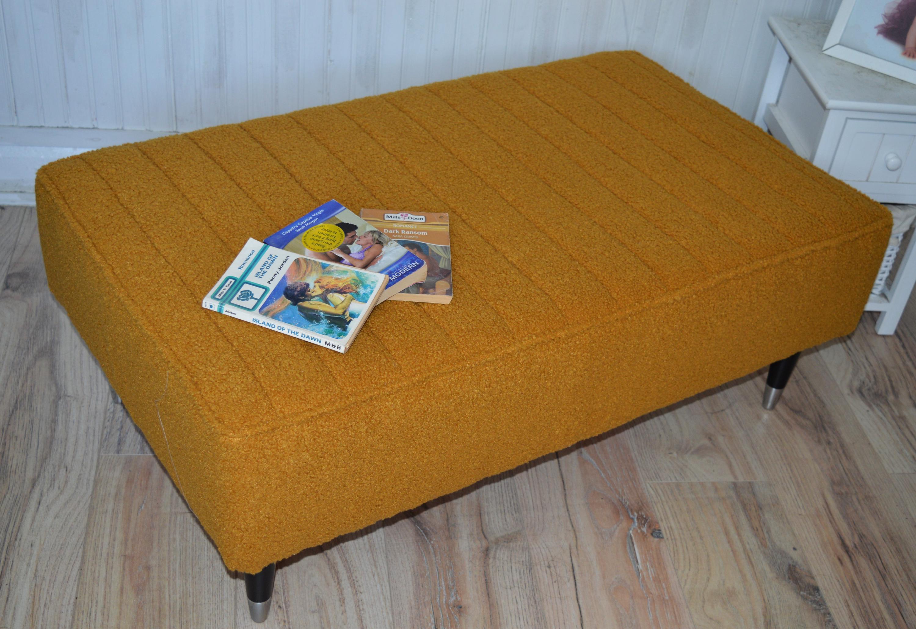 Fullted Top Footstool With Piping Trim in Turmeric Boucle Fabric With Black And Chrome HardWood Legs