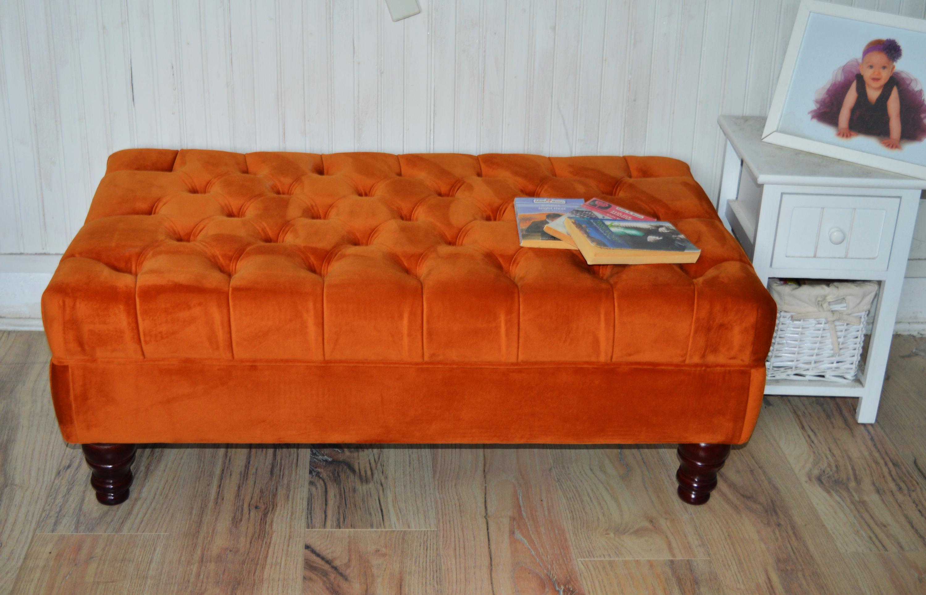 Chesterfield Design Deep Buttoned Footstool in Burnt Orange Velvet Fabric With Mahogany Turned Hard Wood Legs