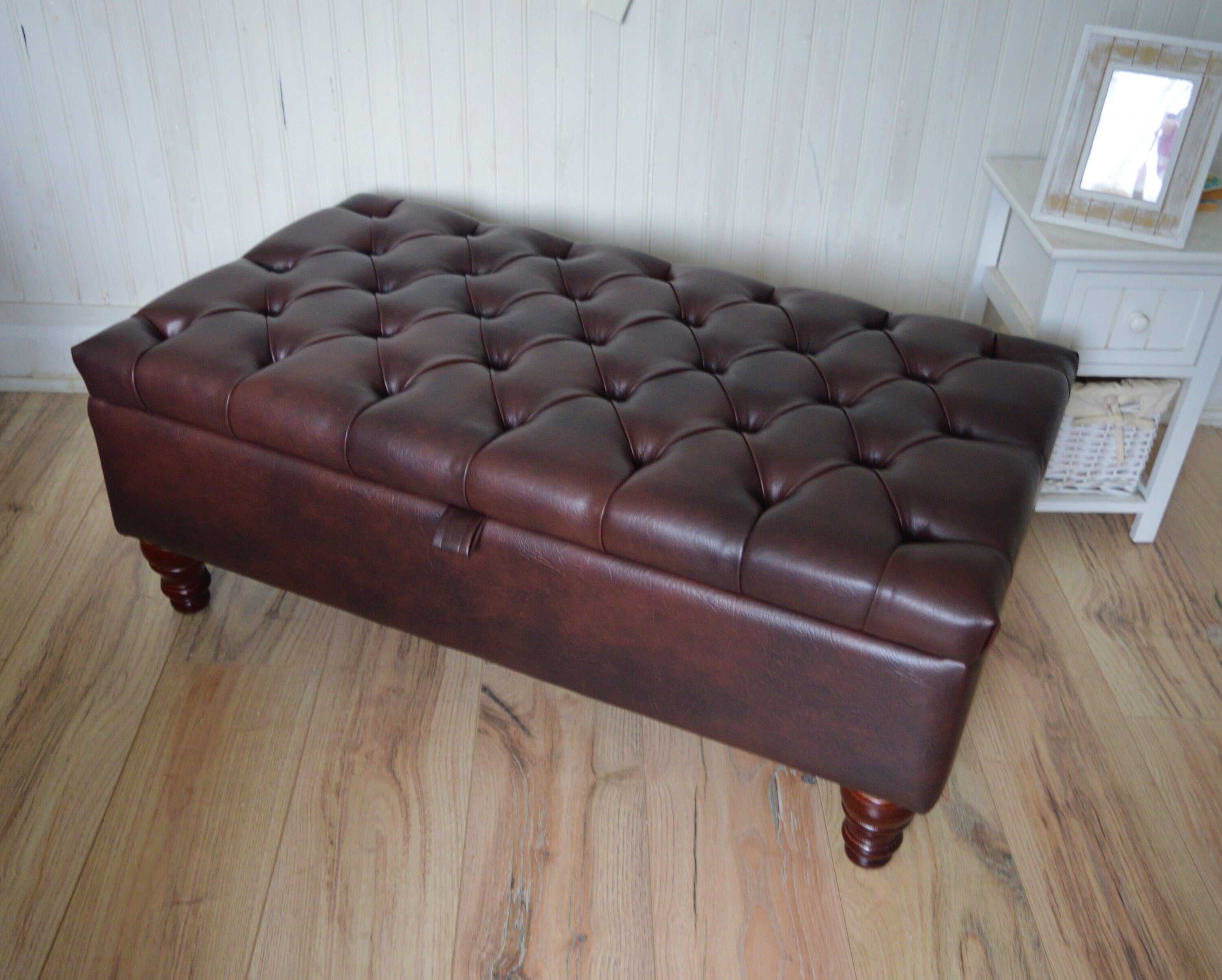 Chesterfield Deep Buttoned  Footstool With Storage in Premium Dark Brown Faux Leather
