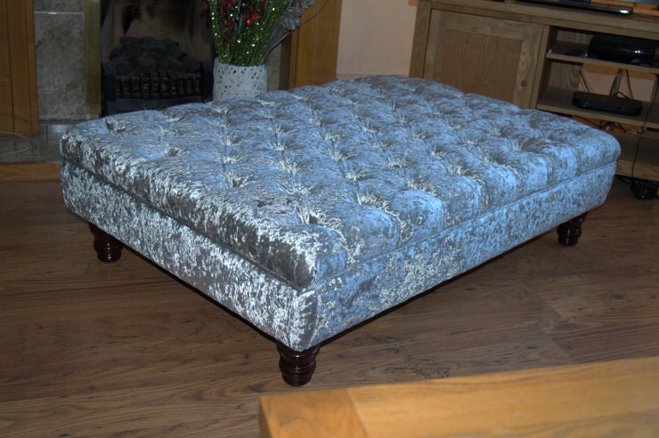 Chesterfield Extra Large Deep Buttoned Footstool in a Premium Crushed Silver Velvet With Turned Mahogany Hardwood Legs