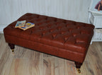 Chesterfield Design Footstool in Chestnut Brown Faux Leather With Brass Castor Turned Hardwood Legs