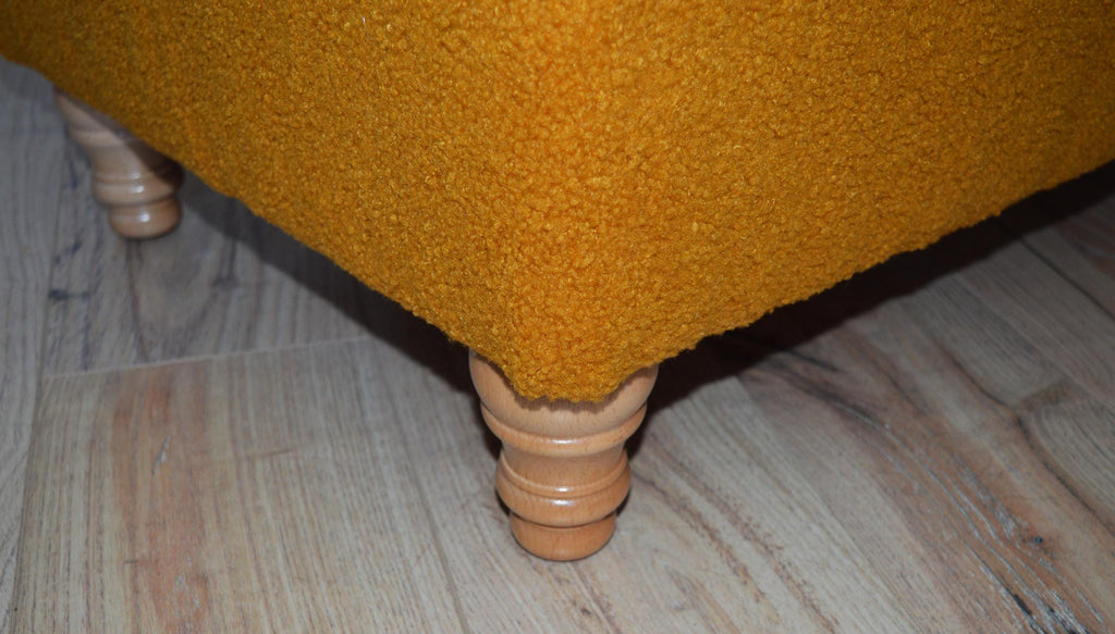 Fullted Top Footstool With Piping Trim in Turmeric Boucle Fabric With Oak HardWood Legs