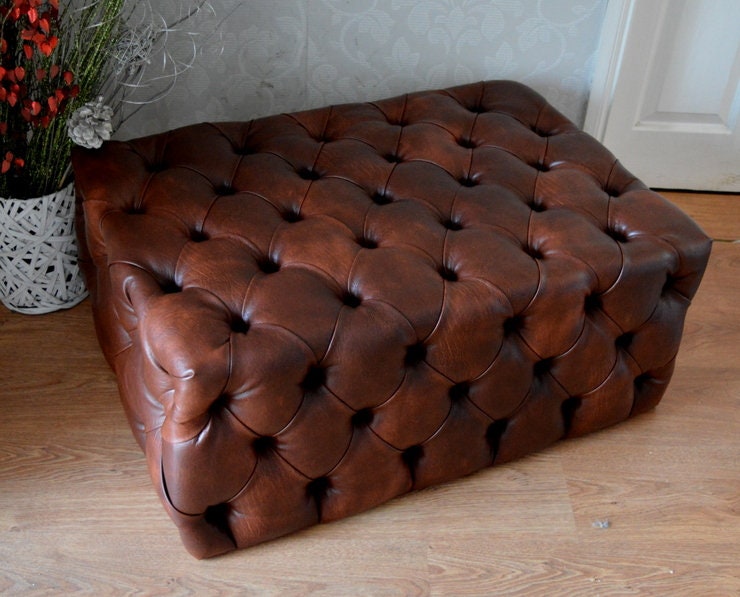 Deep Buttoned All Over Large Footstool Upholstered In a Premium Chestnut Faux Leather
