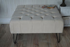 Square Chesterfield Deep Buttoned Footstool in Casino Beige Fabric With Hairpin Legs