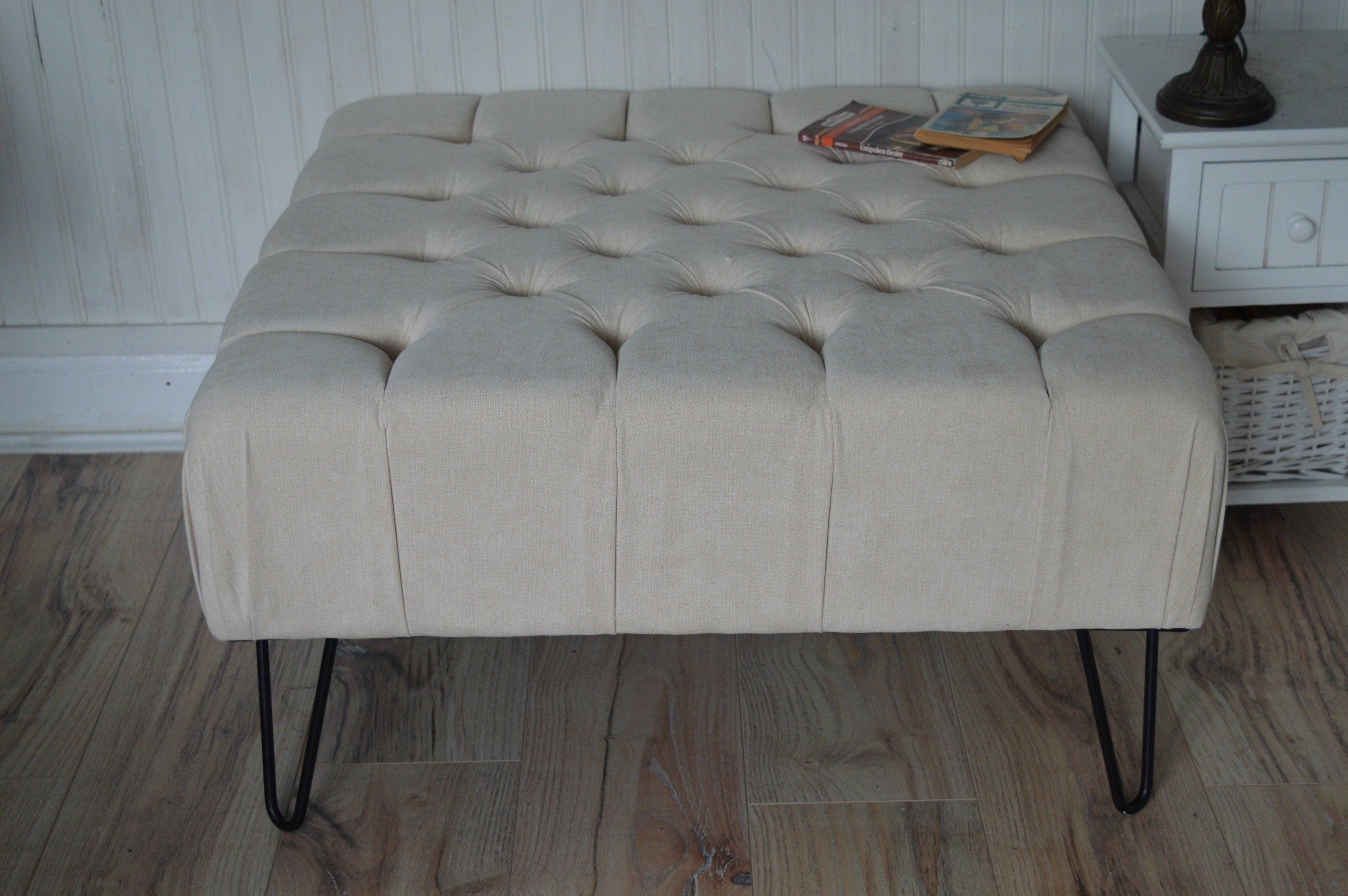 Square Chesterfield Deep Buttoned Footstool in Casino Beige Fabric With Hairpin Legs